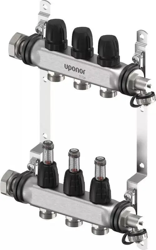 Verteiler von Uponor mit mehreren Anschlüssen, sichtbaren Durchflussanzeigern und Montagehalterungen, geeignet für die Verteilung von Heizungs- oder Kühlsystemen.